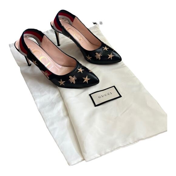 Gucci Heels Sylvie Web Bee Accent Leather Slip On Slingback Round Toe Pumps Shoe - Picture 2 of 11